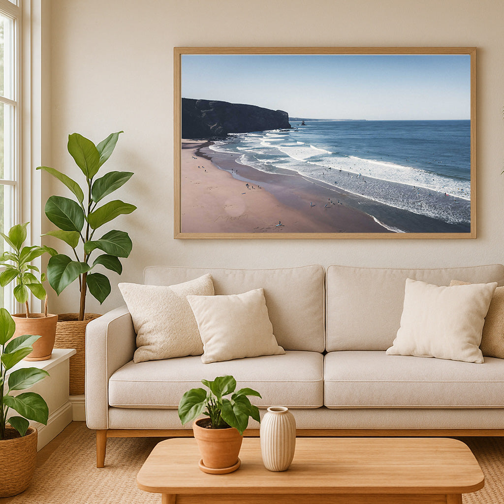 Arrifana Beach Surf-Poster als Wandbild im Wintergarten mit blauem Licht