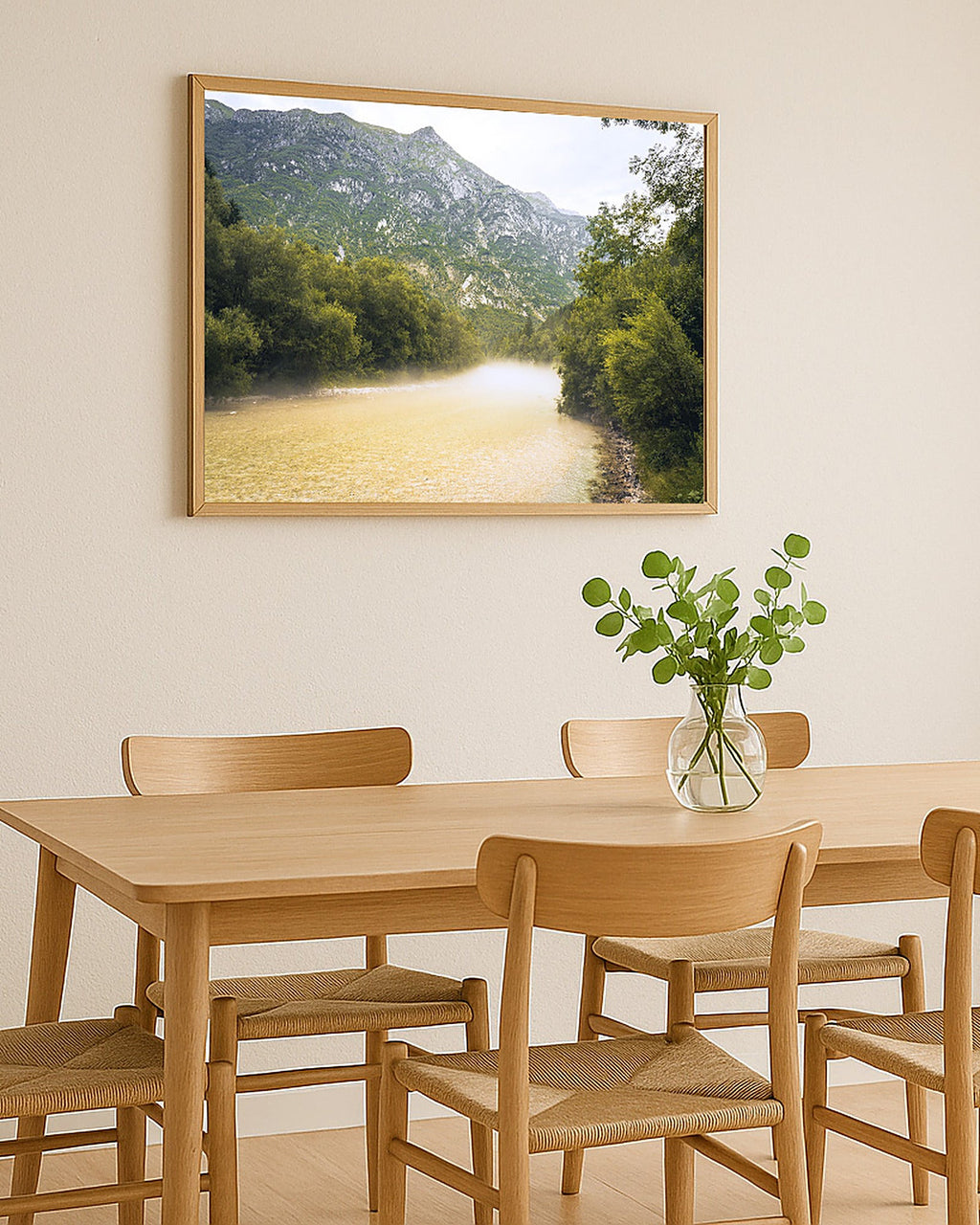 Poster Soča-Tal im Nebel Slowenien – Geheimnisvolle Nebelstimmung über Fluss und Wald